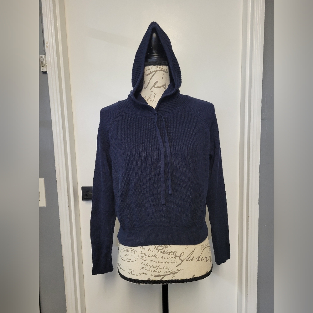 Chevignon Navy Hooded Knit‎ Sweater - Women's Cropped Pullover Hoodie Size XS